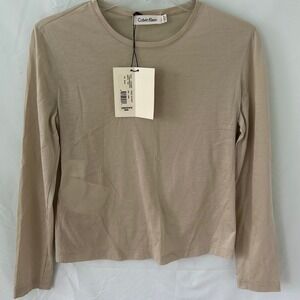 Calvin Klein Womens Long Sleeve Crew Neck Shirt Size Lg Pumice Silk Cotton Blend